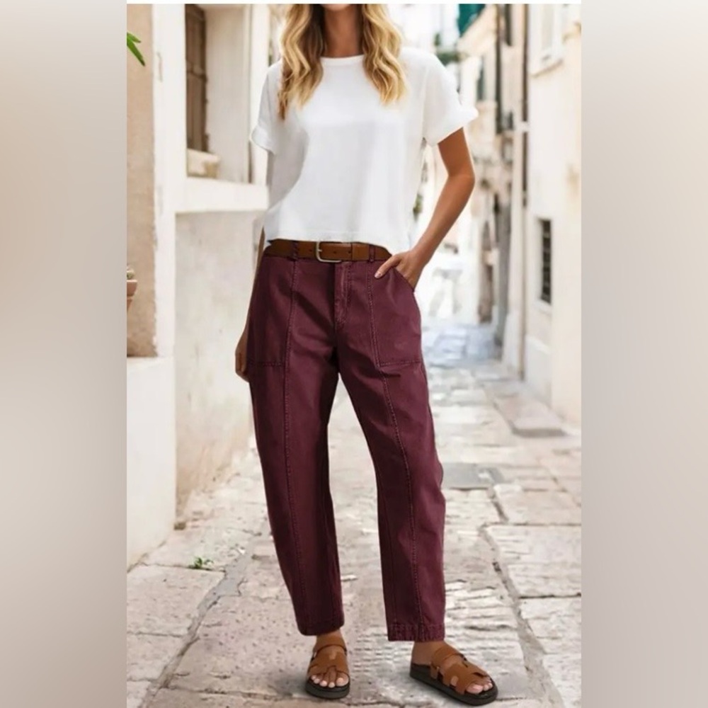 Flamingals Solid Stitch Detail Mid Waist Barrel Leg Crop Pants Burgundy 3XL NWT
